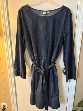 GAP Women’s Indigo Blue Long-Sleeve Denim Tie-Waist Flounce Dress